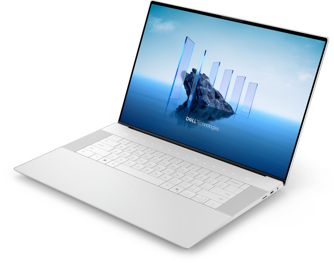 Kuvituskuva: Studiokuva avatusta valkoisesta Dell XPS -kannettavasta tietokoneesta