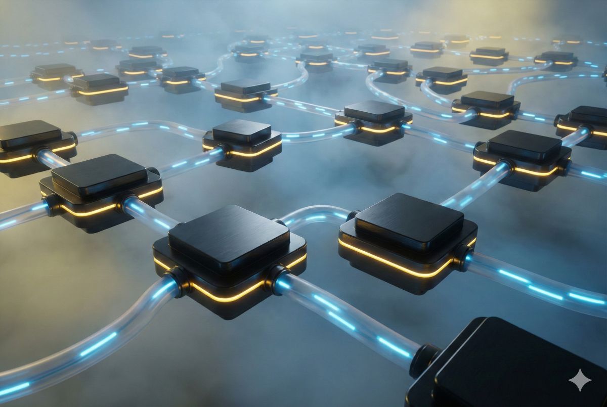 Kuvituskuva: 3D-renderöity kuva toisiinsa liitetyistä mustista, neliönmuotoisista solmupisteistä ja kirkkaasti hehkuvia, sinisiä putkia tai valonsäteitä.