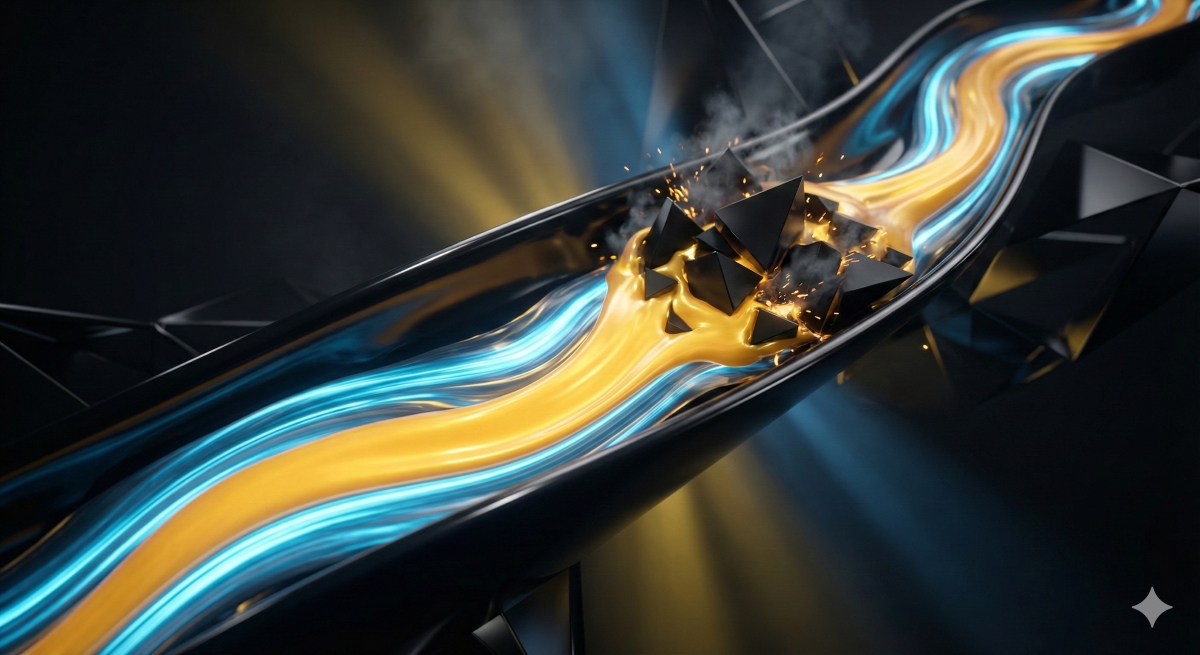 Kuvituskuva: 3D-renderöity kuva, joka esittää virtaavaa keltaista ja sinistä nestettä tai energiaa mutkittelevassa, tummassa putkessa