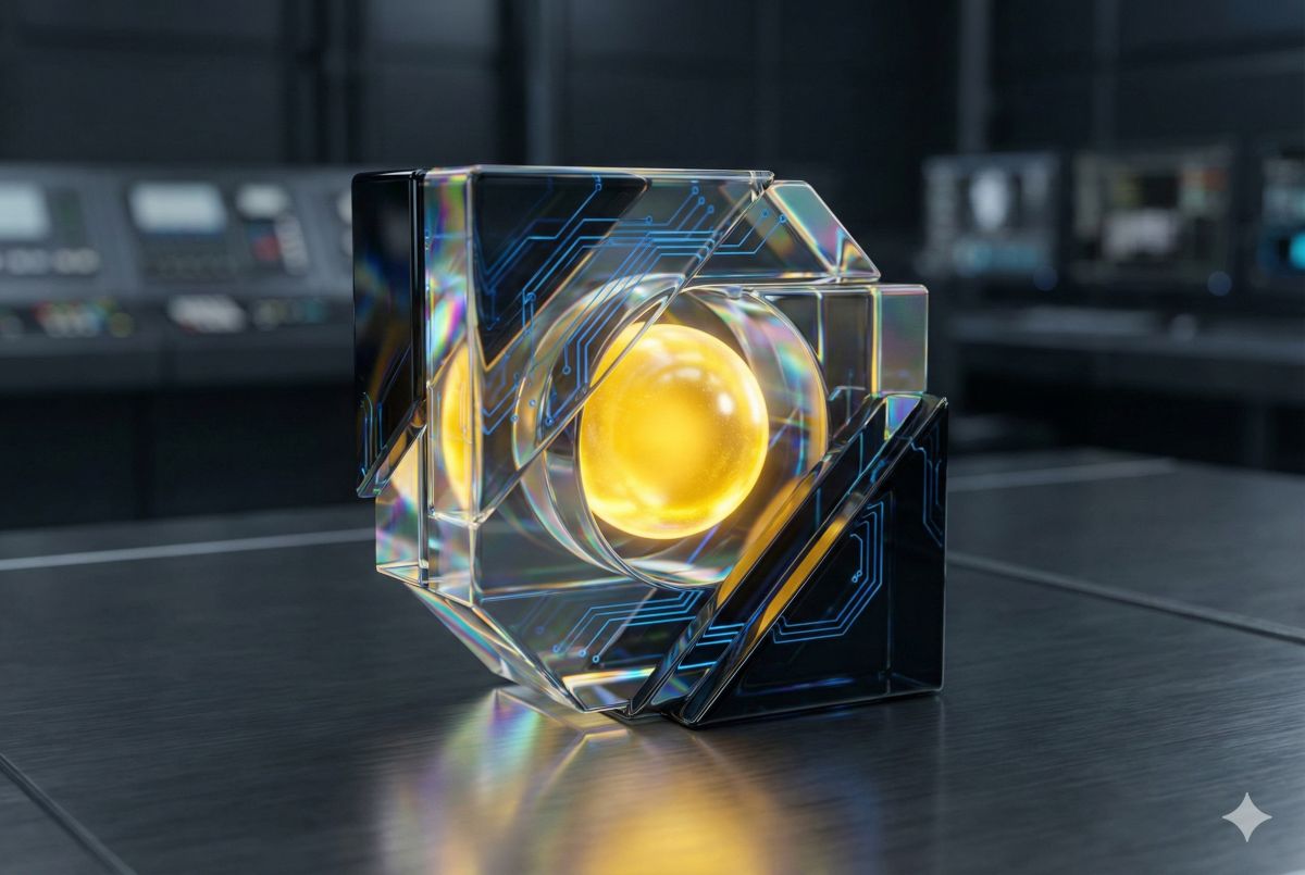 Kuvituskuva: 3D-renderöity kuva kirkkaasta, geometrisesti leikatusta kuutiosta, jonka sisällä on hehkuva, kullanvärinen pallo