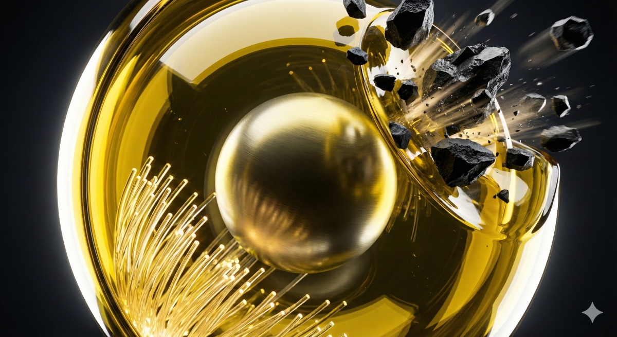 Kuvituskuva: 3D-kuvitus kullanvärisestä, hehkuvasta pallosta, joka on suljettu läpinäkyvään keltaiseen kuoreen. Kuoren alaosasta nousee kirkkaita, keltaisia valokuitumaisia säikeitä.