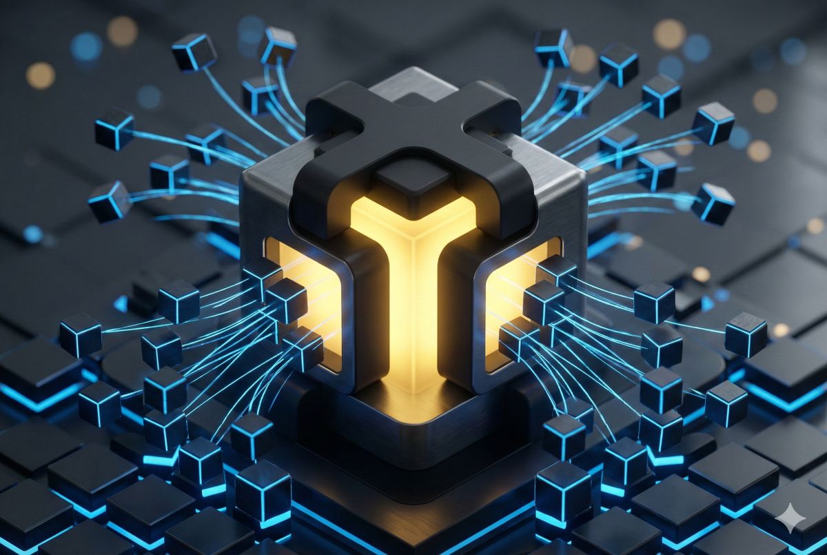 Kuvituskuva: 3D-renderöity kuva tummalla, teknologisella alustalla olevasta metallisesta kuutiosta, jonka keskellä on kirkkaankeltainen, hehkuva aukko