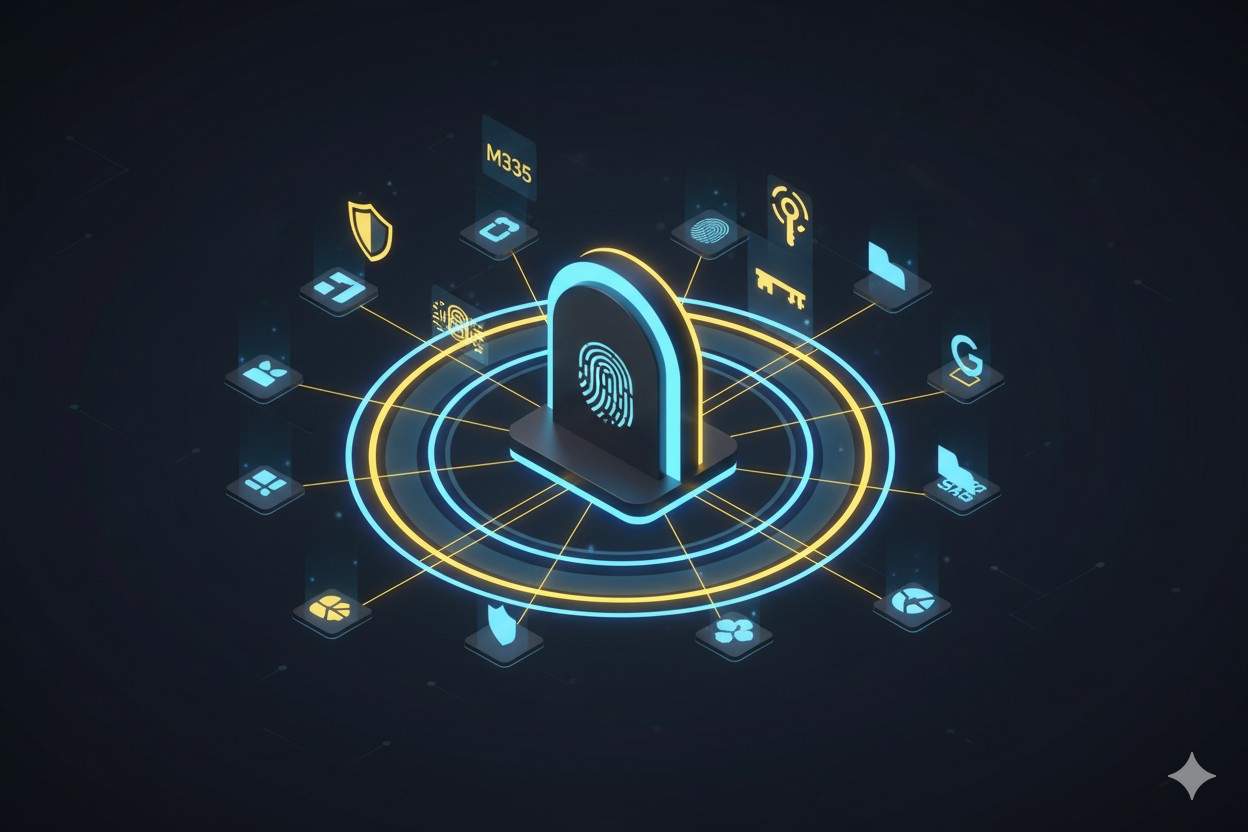 Kuvituskuva: IT järjestelmä ja symboleita