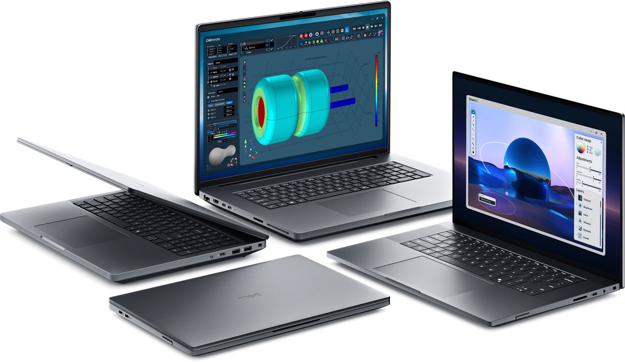 Kuvituskuva: Studiokuva Dell tietokoneista valkoisella taustalla. 