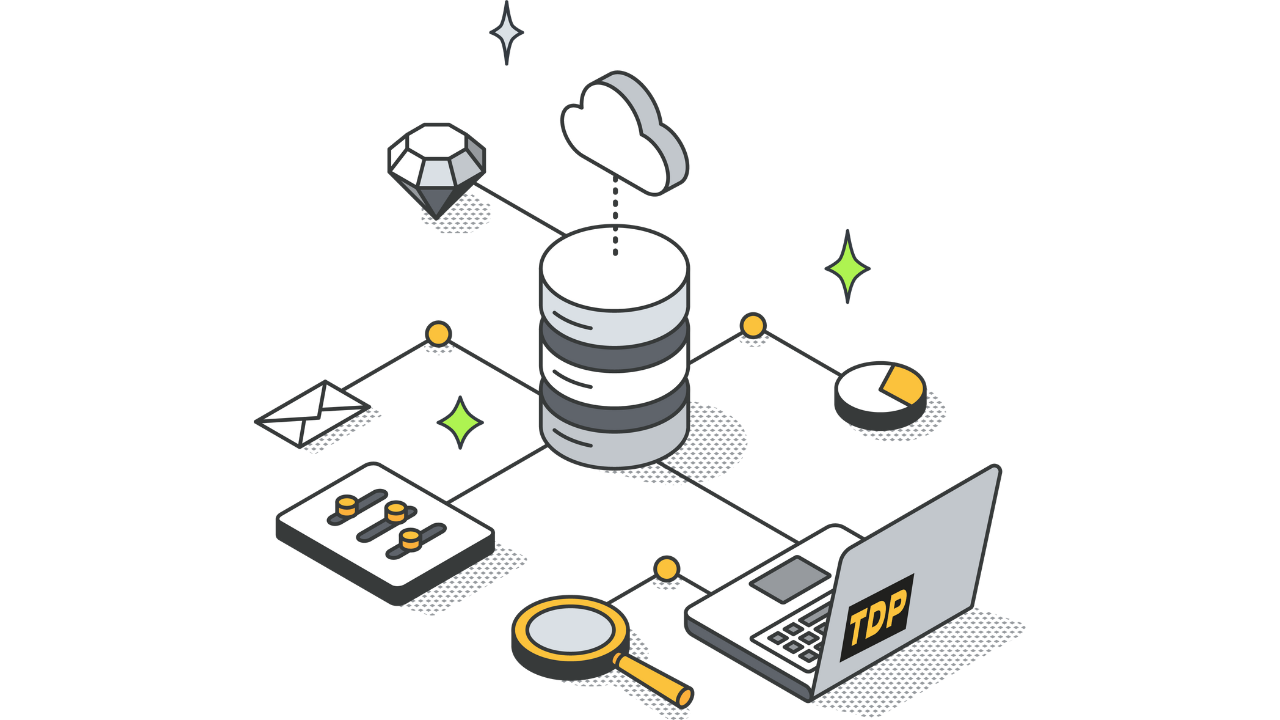 Kuvituskuva: IT järjestelmäsymboleita yhdistyneenä keskukseen.