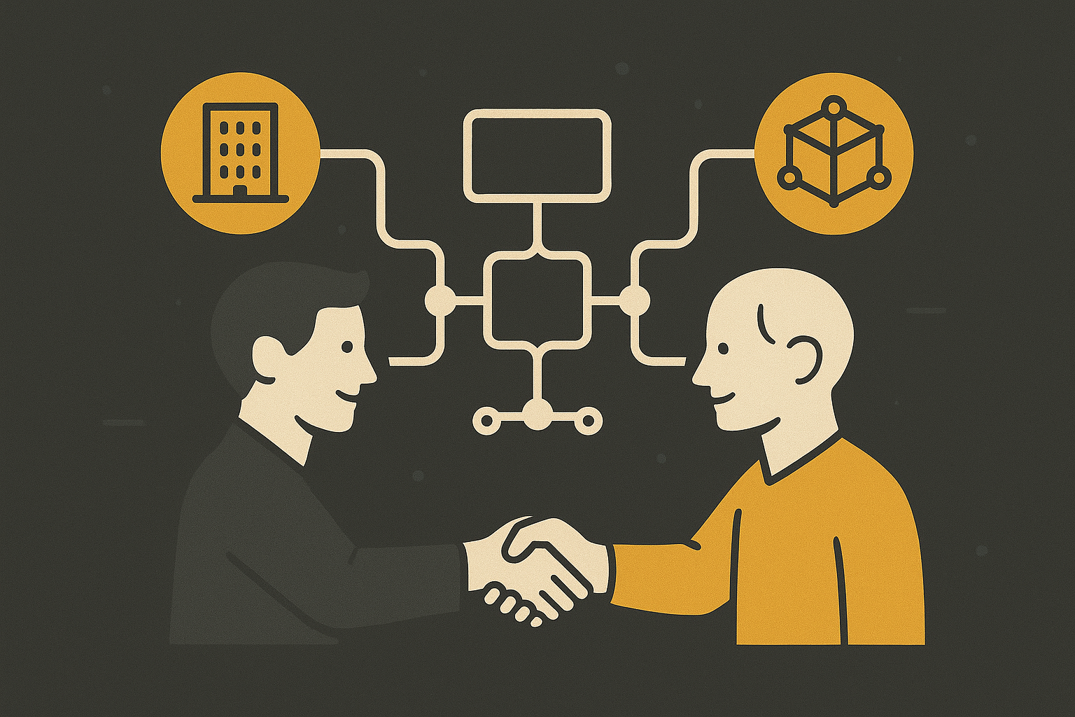 Kuvituskuva. Asiakas ja palveluntarjoaja kättelevät tiedonhallinnan tiimoilta.