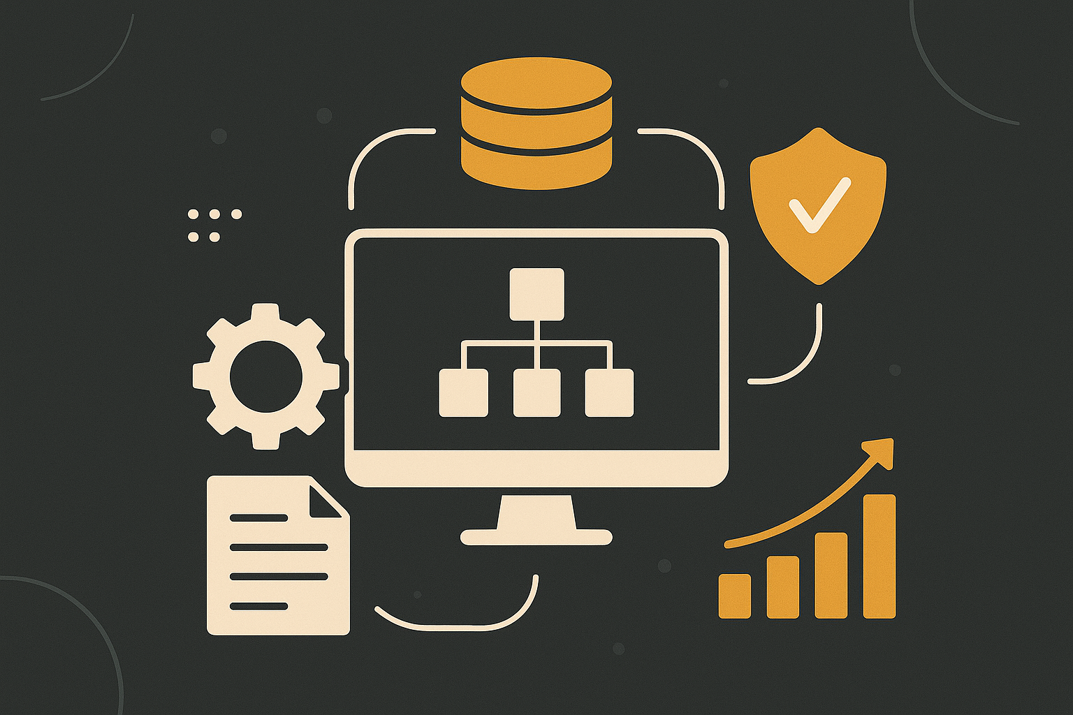 Kuvituskuva. Keskellä verkkoon yhdistetty tietokone, joka on yhteydessä tietokantaan sekä verkkolevyyn. Taustalla kilpi, jossa oikein-merkki.