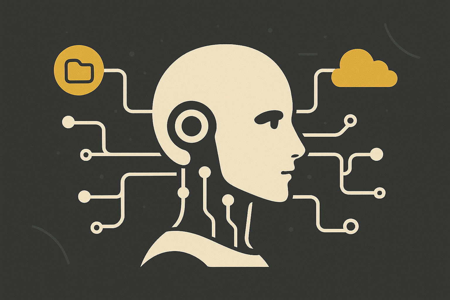 Kuvituskuva. Keskellä robotti kuvaamassa tekoälyä. Tekoäly on yhteydessä tiedostoasemaan sekä pilvipalveluihin.