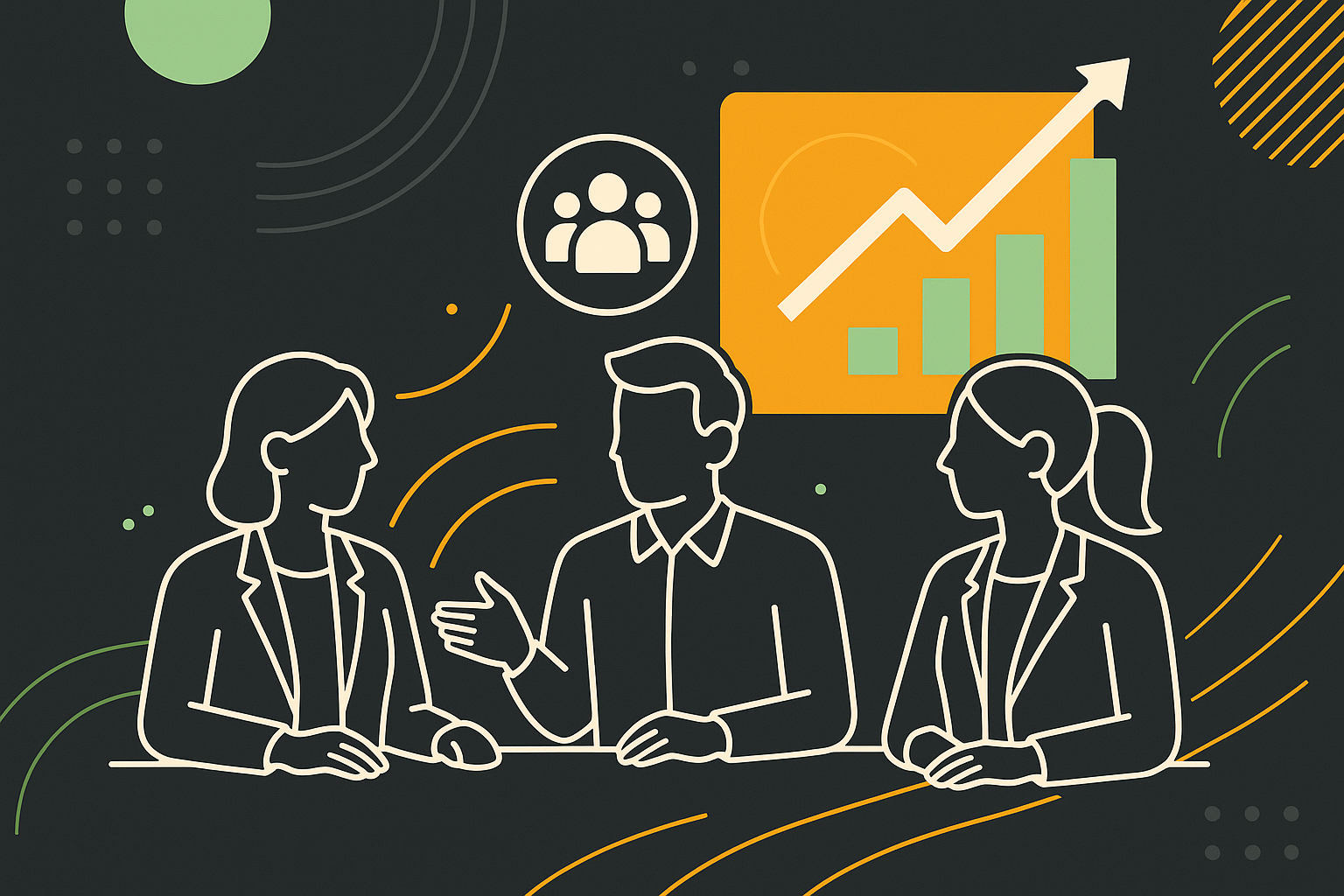 Kuvituskuva. Kolme henkilöä keskustelemasssa keskenään. Taustalla kuvaaja, joka osoittaa ylöspäin kasvun merkiksi.