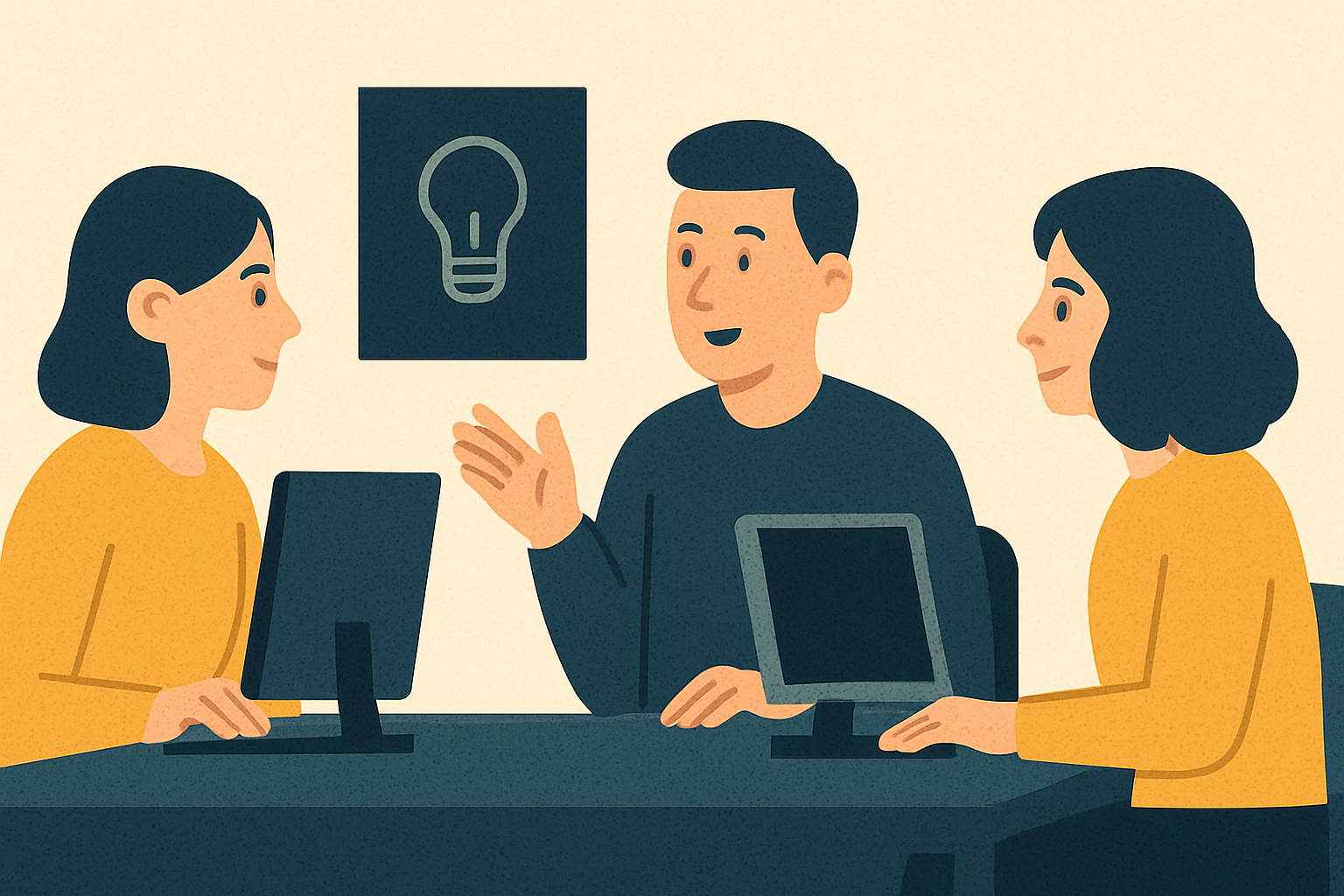 Kuvituskuva. Kolme henkilöä keskustelee tietoturvasta ja näkyvyydestä.