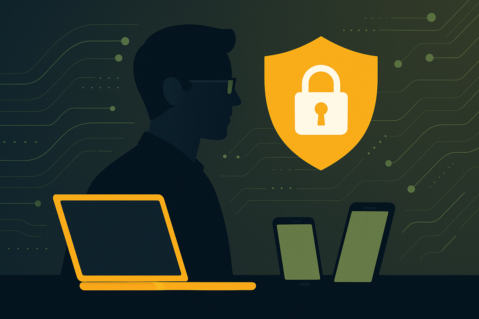 Kuvituskuva. Pöydällä kannettava tietokone, älypuhelin ja tabletti. Taustalla kilpi, jossa lukkokuvake.