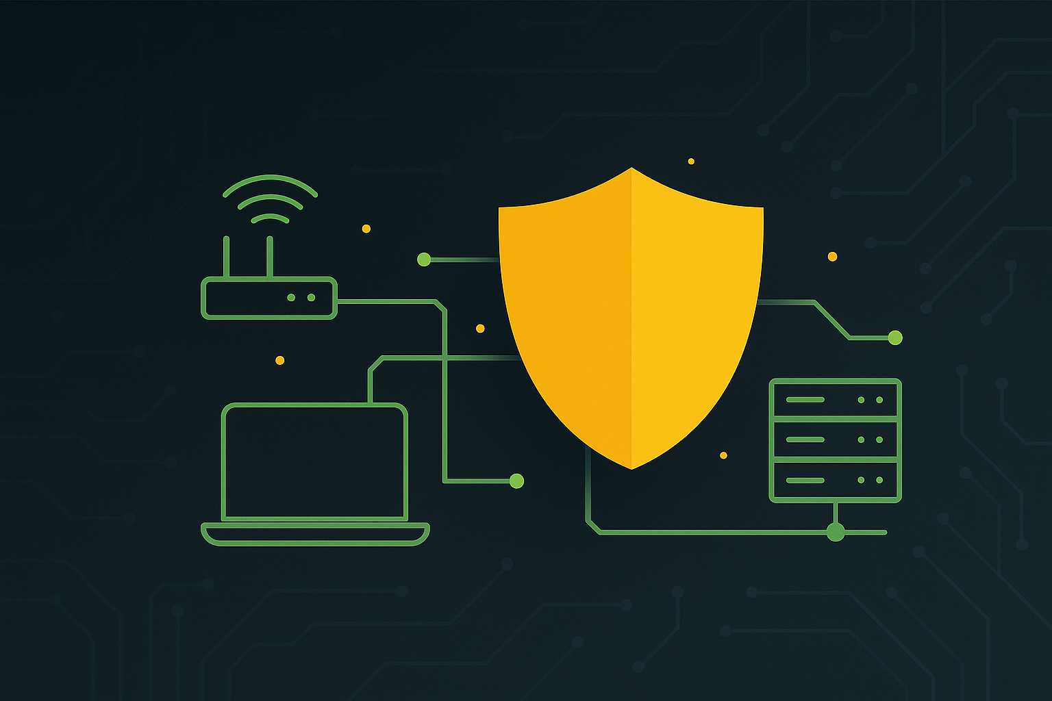 Keltainen kilpi, jonka ympärillä on verkkolaitteita sekä kannettava tietokone.