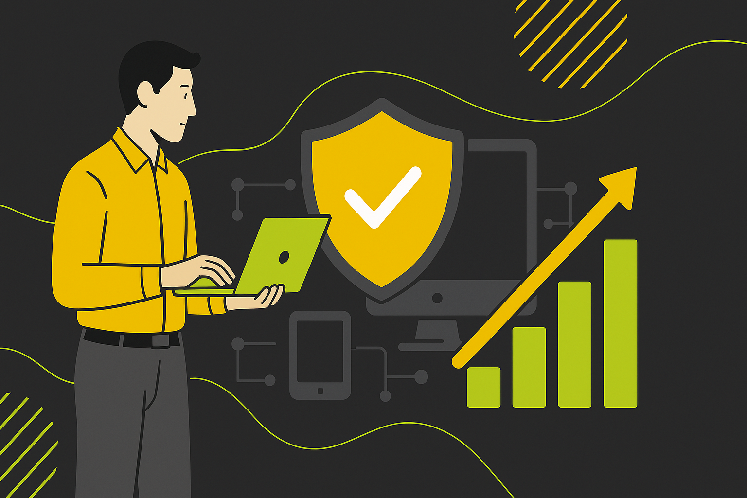 Kuvituskuva. Henkilö kertoo kahdelle työntekijälle tietoturvasta. Taustalla on suuri keltainen kilpi, jossa oikein-merkki.