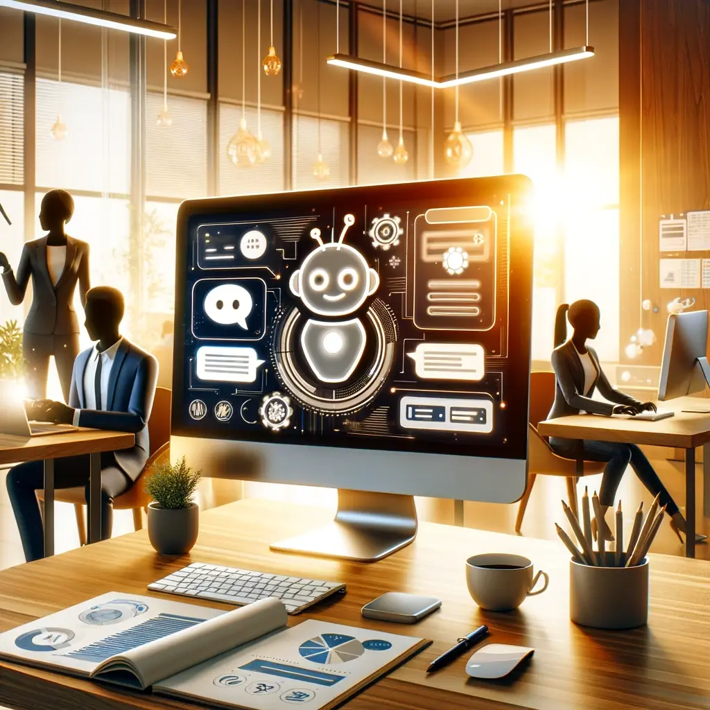 Moderni toimistoympäristö, jossa etualalla tietokoneen näytöllä näkyy chatbot-grafiikka ja erilaisia käyttöliittymäelementtejä. Taustalla työntekijät työskentelevät valaistussa tilassa, jossa on luonnonvaloa ja tyylikkäitä sisustuselementtejä. Pöydällä on toimistotarvikkeita, kuten kyniä, muistikirjoja ja kahvikuppi.