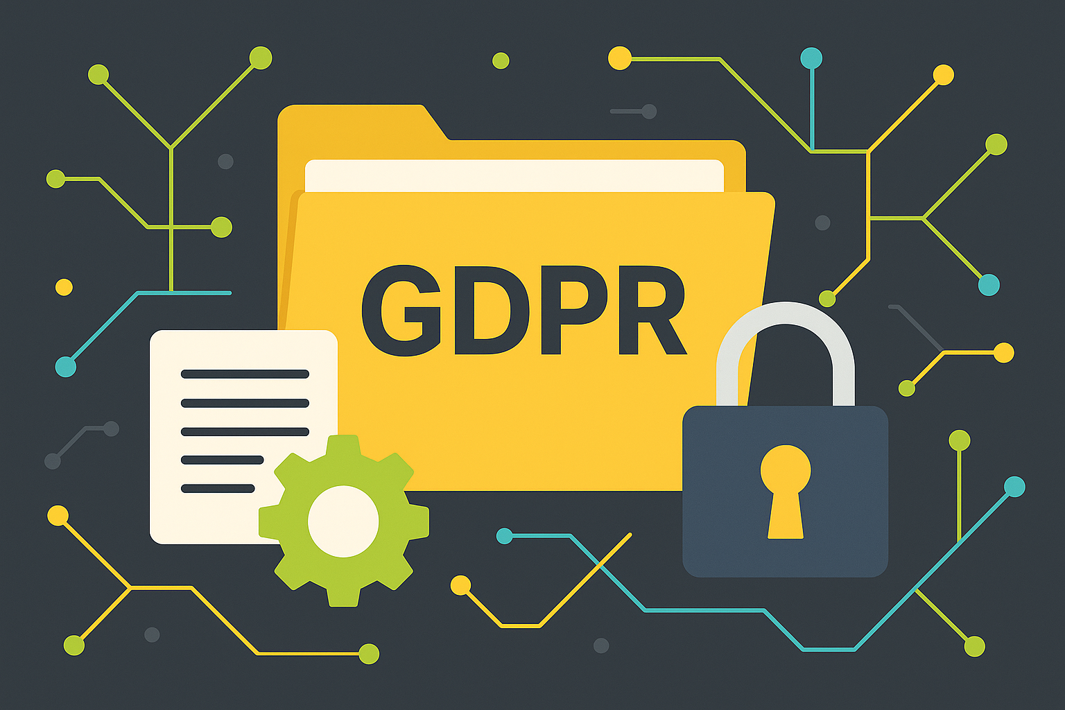 Kuvituskuva. Kuvan keskellä kansio, jossa lukee GDPR. Kansion edustalla on dokumentti sekä lukko.