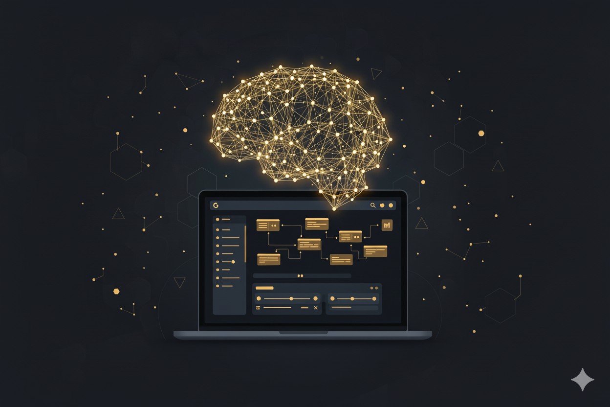 Kuvituskuva. Tietokoneen näyttö, jonka yläpuolella aivoja kuvaava yhteysverkosto.