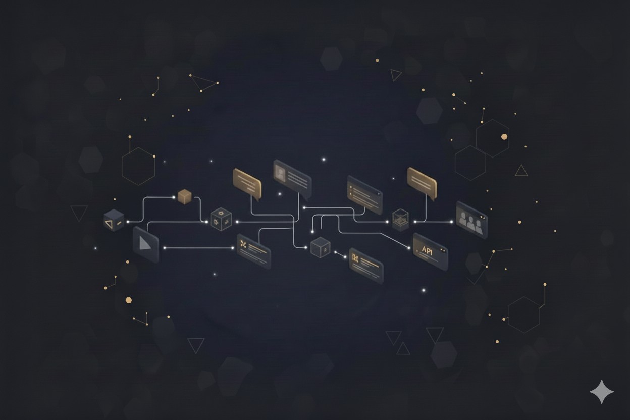 Kuvituskuva. Rajapintoja ja liitännäisiä kuvaavia yhteysviivoja ja symboleita.