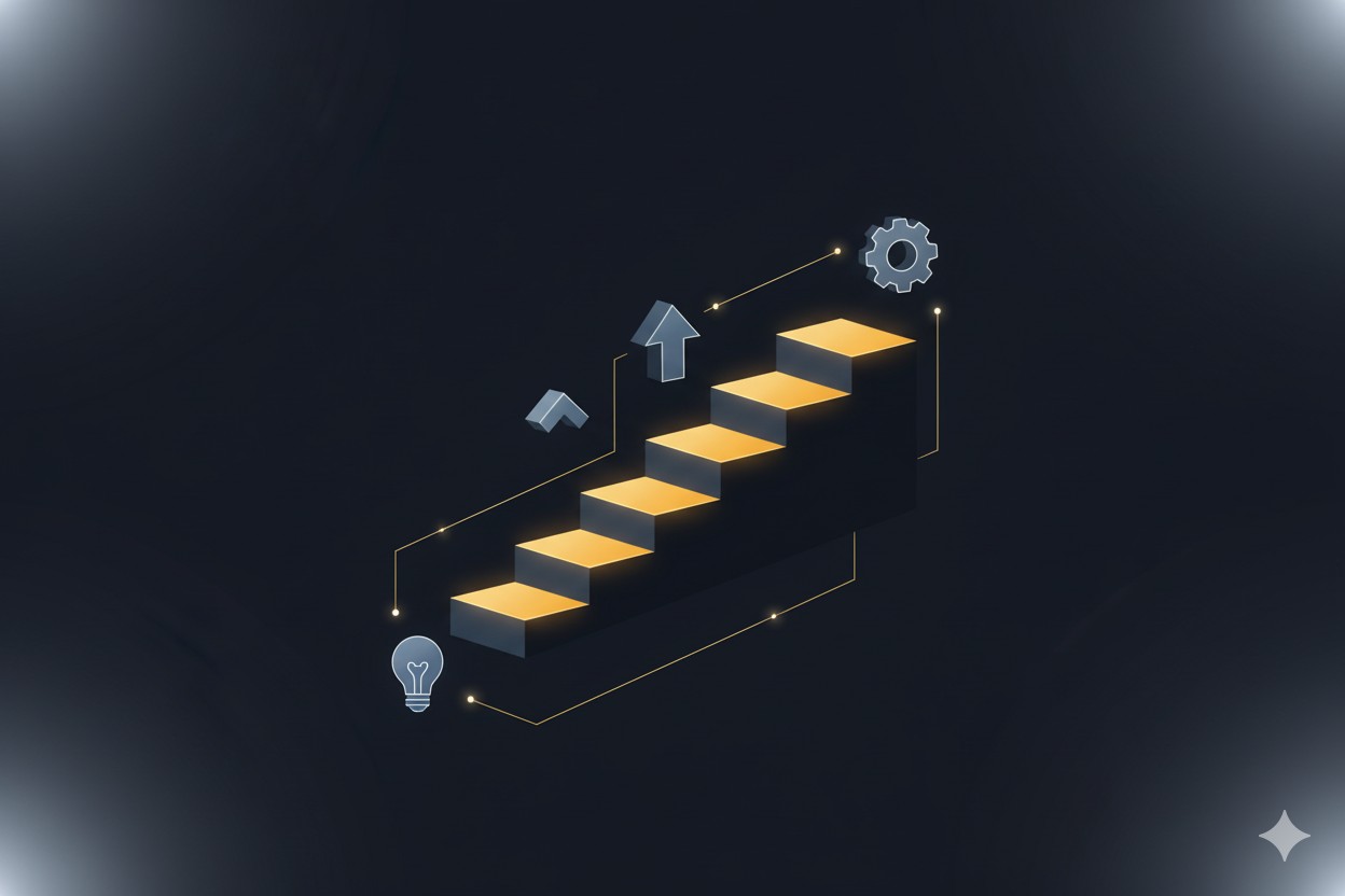 Kuvituskuva. Ylöspäin nousevat portaat ja symboleja.