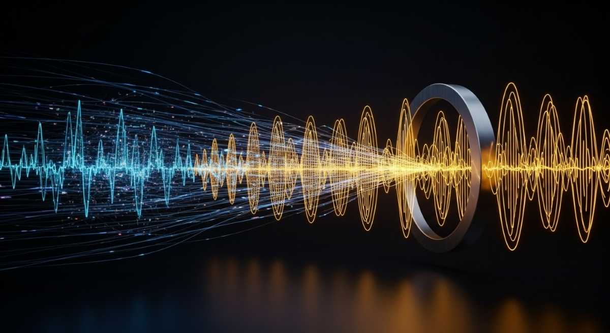 Kuvituskuva: Abstrakti ja dynaaminen visualisointi, jossa siniset datavirtaukset muuntuvat harmonisiksi keltaisiksi aaltomuodoiksi kulkiessaan metallisen renkaan läpi tummalla taustalla, symboloiden tiedon jalostamista ja tekoälypohjaista analyysia.