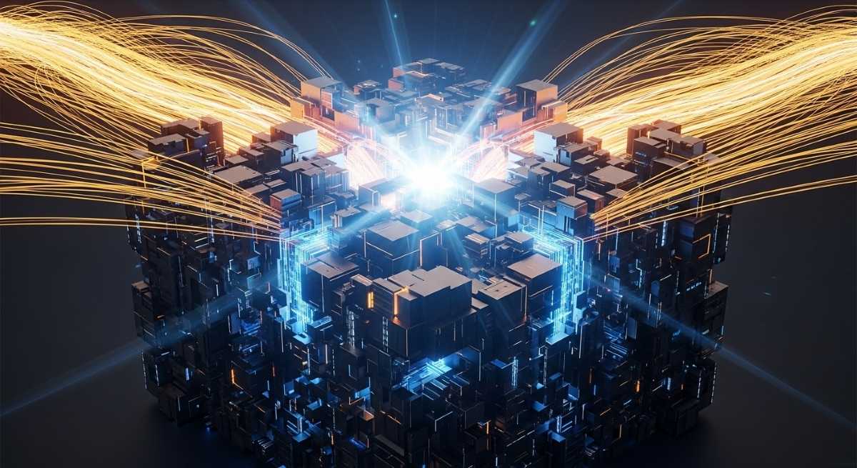 Kuvituskuva: Abstrakti tekninen kuutio suojelemassa energiavirtauksia