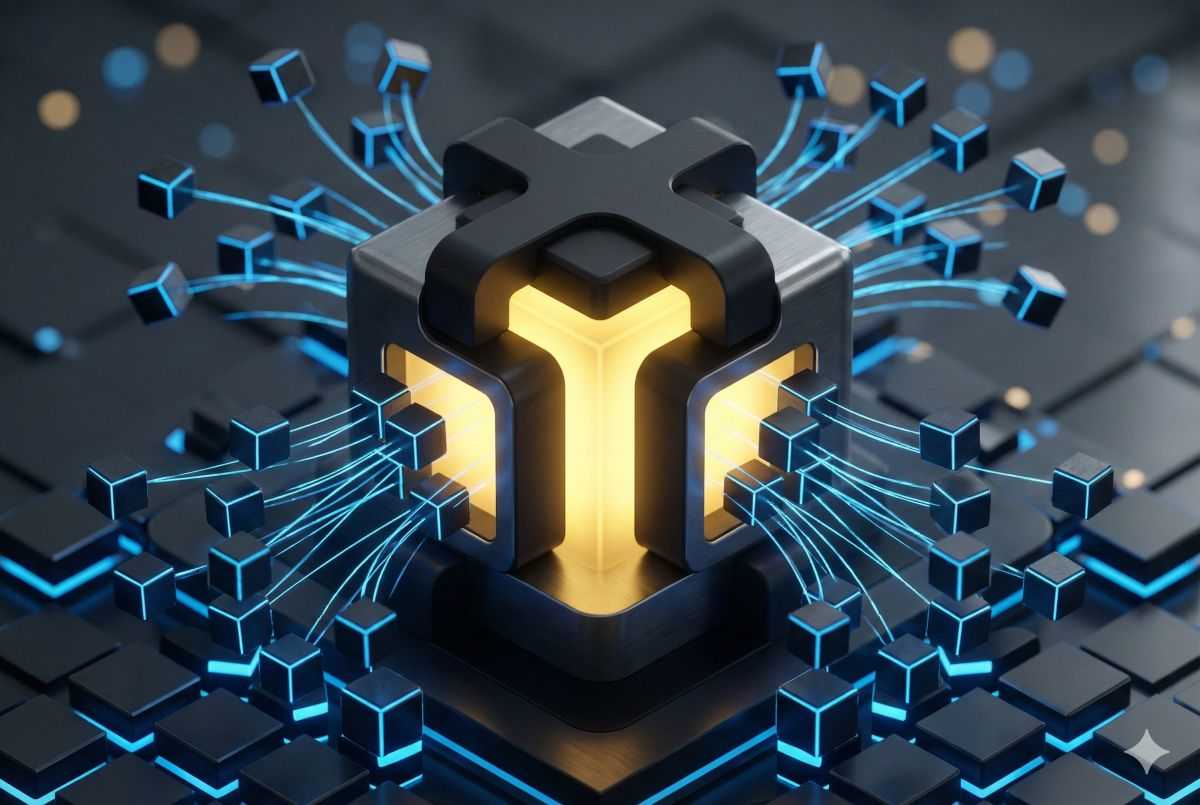 Kuvituskuva: 3D-renderöity kuva tummalla, teknologisella alustalla olevasta metallisesta kuutiosta, jonka keskellä on kirkkaankeltainen, hehkuva aukko