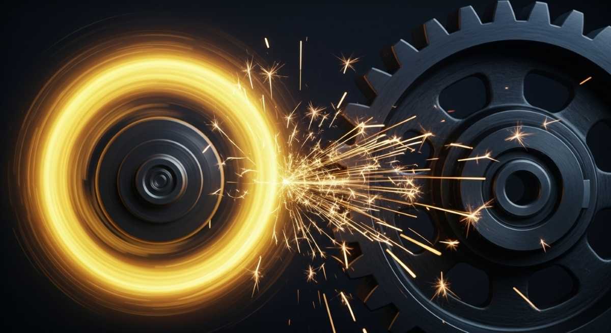 Kuvituskuva: Teollinen ja dynaaminen lähikuva, jossa tumman metallinen hammasratas kohtaa voimakkaasti pyörivän, brändin keltaisena hehkuvan energiakehän luoden kirkkaita kipinöitä ja symboloiden tehokasta prosessien optimointia.