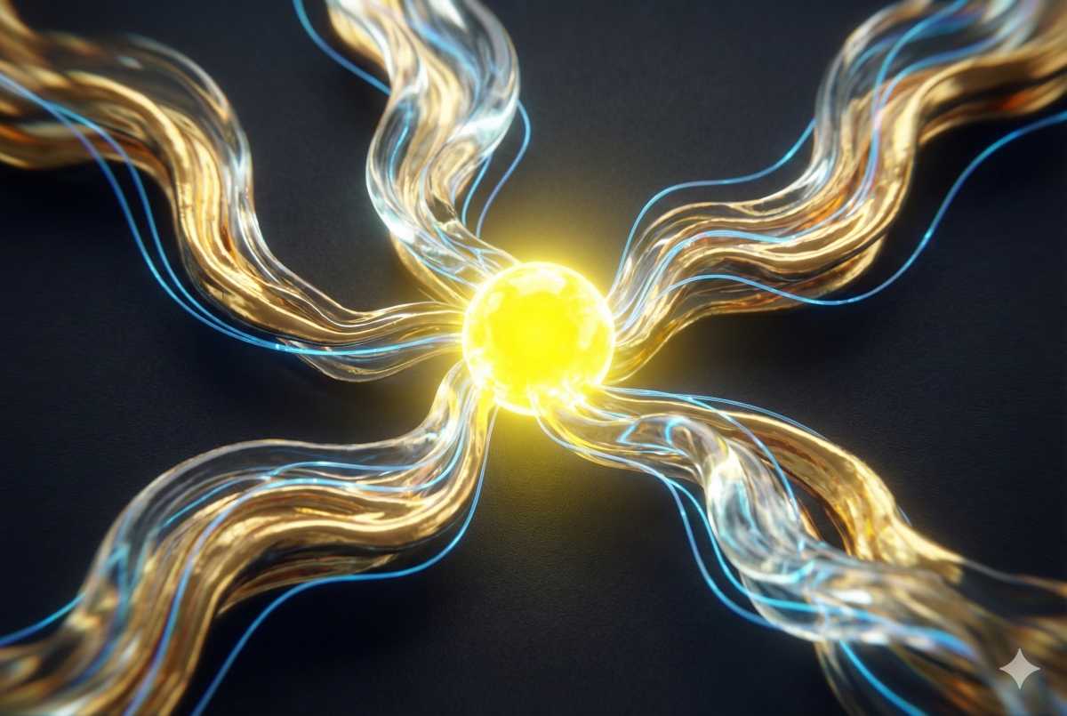 Kuvituskuva: 3D-renderöity kuva kirkkaankeltaisesta, säteilevästä pallosta, josta lähtee neljään suuntaan kierrettyjä, kultaisia ja läpikuultavia valonsäikeitä