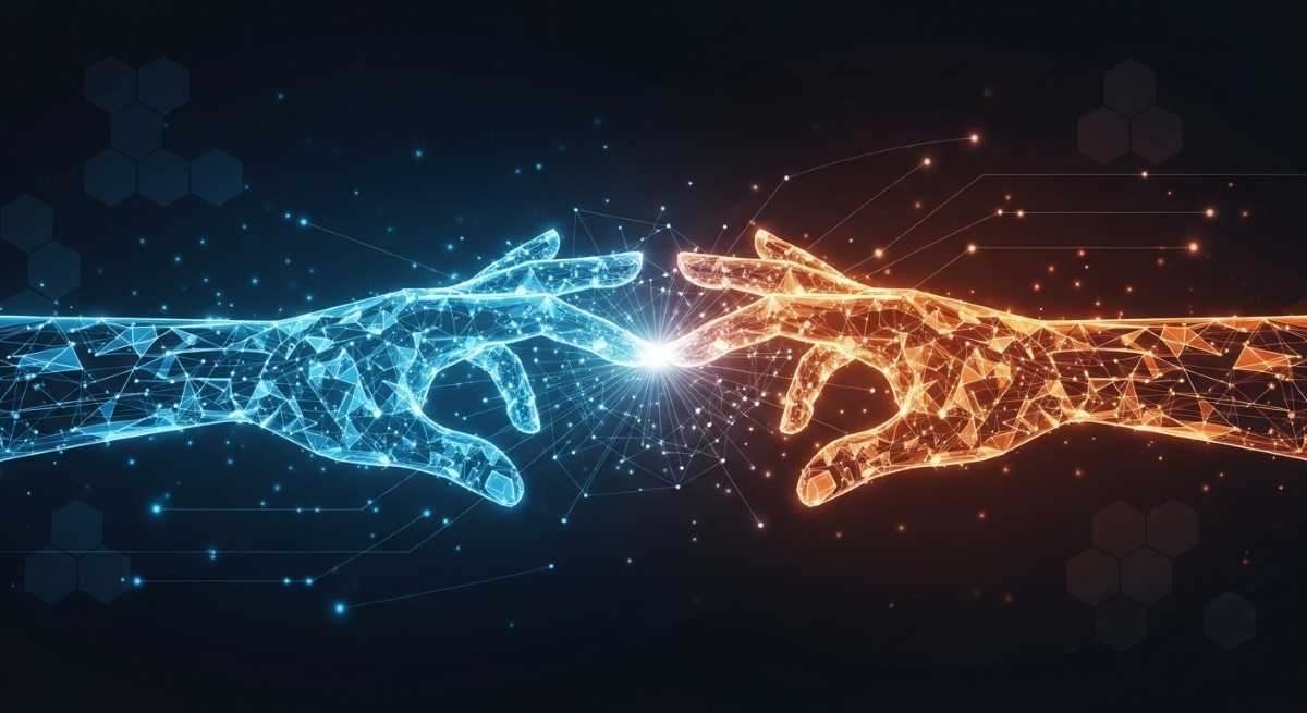 Kuvituskuva: Kaksi hohtavasta digitaalisesta verkostosta muodostuvaa kättä kohtaavat tummassa tilas.sa