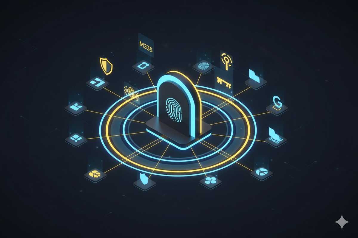 Kuvituskuva: IT järjestelmä ja symboleita