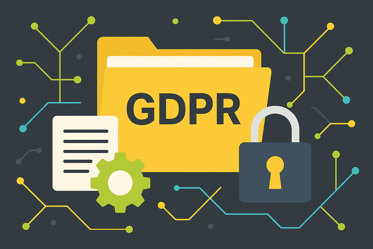 Kuvituskuva. Kuvan keskellä kansio, jossa lukee GDPR. Kansion edustalla on dokumentti sekä lukko.