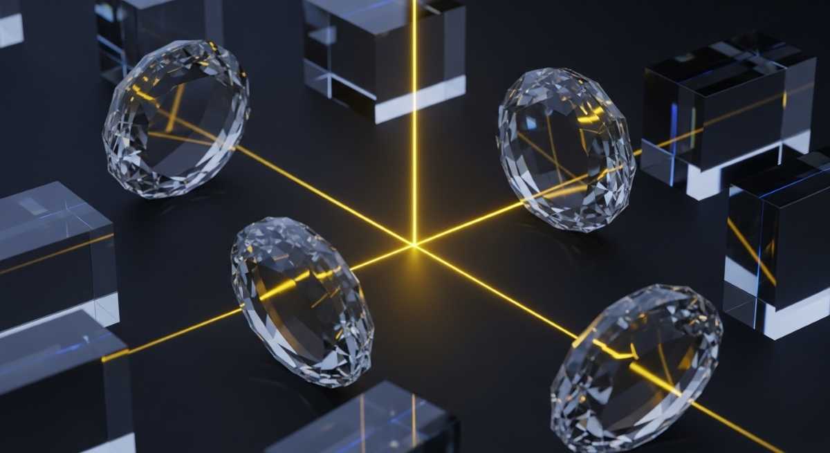 Kuvituskuva: Minimalistinen ja moderni 3D-sommitelma, jossa kirkkaat lasikuutiot ja hiotut timanttimuodot on järjestelty symmetrisesti tummalle alustalle keltaisten valoviivojen leikatessa niiden läpi, symboloiden kirkasta visiota ja teknologista tarkkuutta.