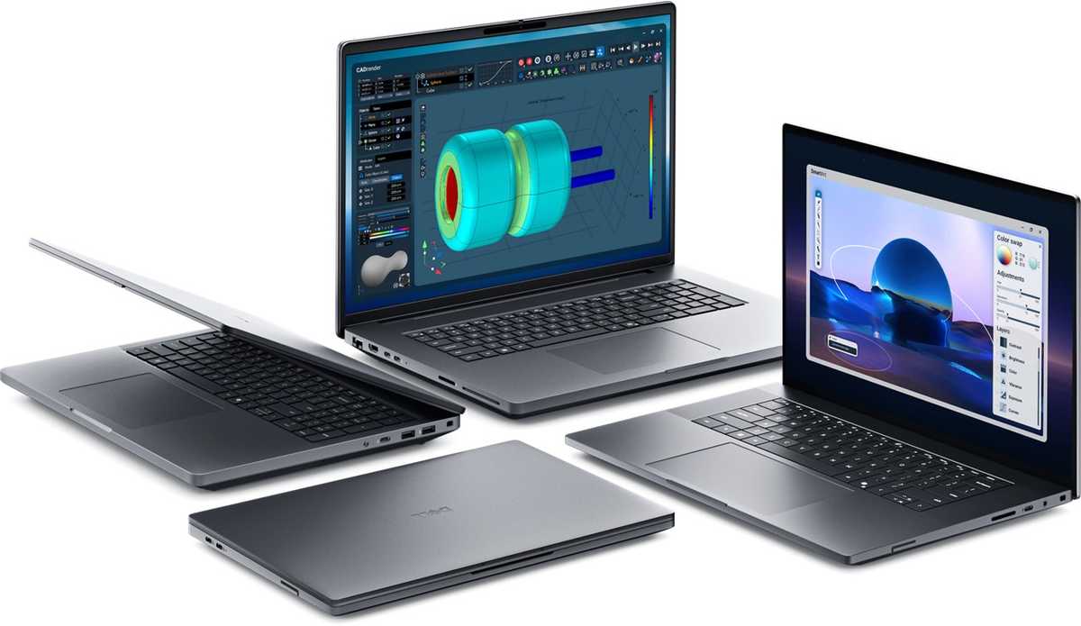 Kuvituskuva: Studiokuva Dell tietokoneista valkoisella taustalla. 