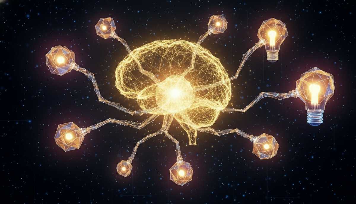 Kuvituskuva: Hehkuva, brändin keltaisesta verkostosta muodostuva aivo-symboli on kytketty useisiin geometrisiin valonlähteisiin tummalla tähtitaustalla, visualisoiden tekoälyn kykyä synnyttää uusia ideoita ja innovaatioita.