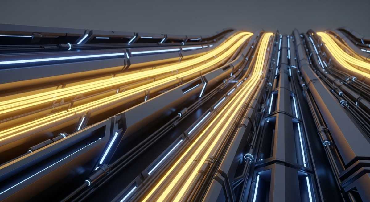 Kuvituskuva: Abstrakteja teknisiä muotoja sujuvasti virtaavassa muodostelmassa