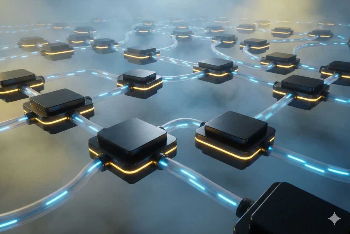 Kuvituskuva: 3D-renderöity kuva toisiinsa liitetyistä mustista, neliönmuotoisista solmupisteistä ja kirkkaasti hehkuvia, sinisiä putkia tai valonsäteitä.