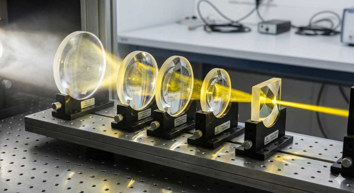 Kuvituskuva: Lähikuva optisesta penkistä laboratoriossa, jossa useat kirkkaat, telineisiin asennetut linssit taittavat ja keskittävät voimakasta keltaista valonsädettä