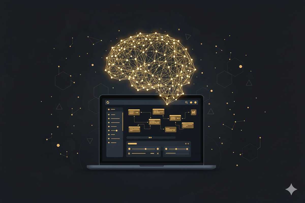 Kuvituskuva. Tietokoneen näyttö, jonka yläpuolella aivoja kuvaava yhteysverkosto.