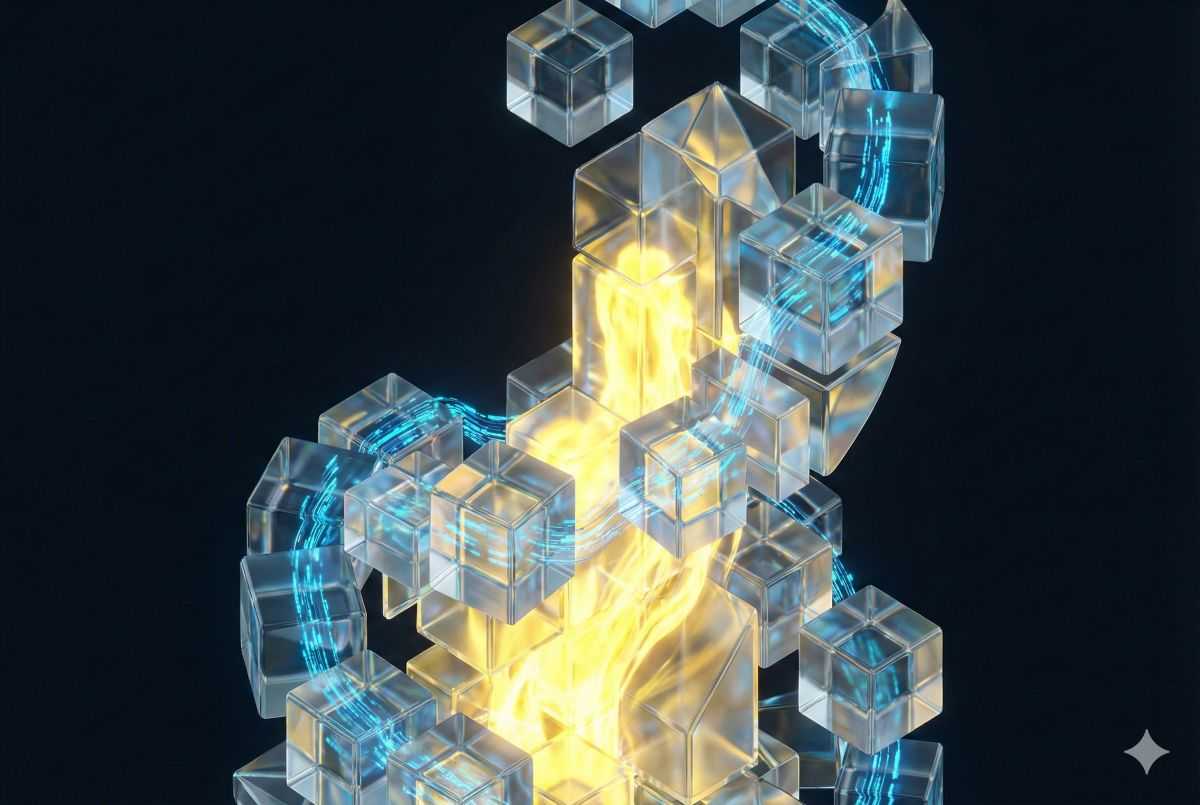 Kuvistuskuva: Läpikuultavia kuutioita tornimuodostelmassa symboloimassa kehitystä.