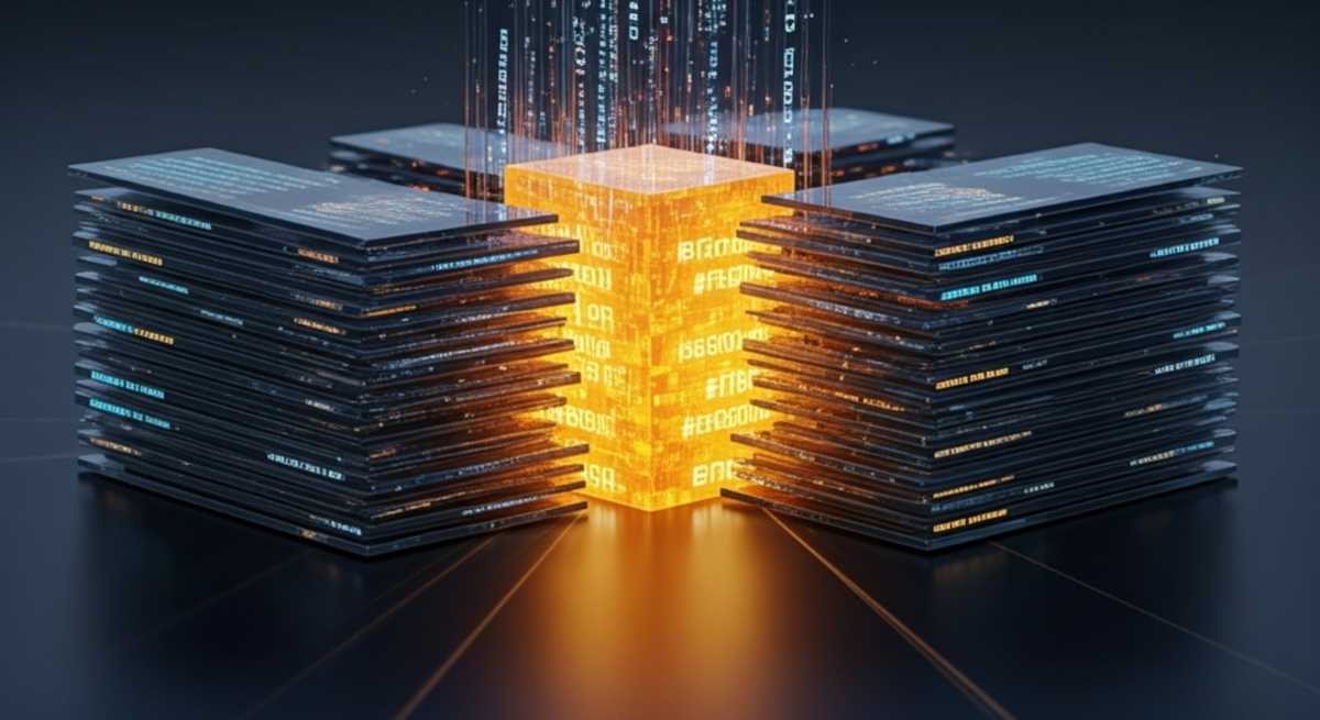 Kuvituskuva: Isometrinen 3D-visualisointi, jossa kirkkaana hehkuva koodilla täytetty kultainen kuutio prosessoi ympärilleen pinottuja tummia datalevyjä, symboloiden tiedon tehokasta järjestämistä ja tekoälypohjaista hallintaa.