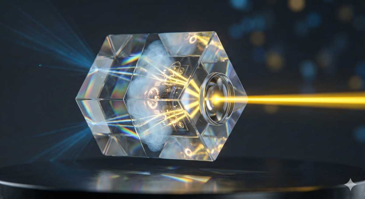 Kuvituskuva: 3D-renderöity kuva kuusikulmaisesta, hiotusta prismasta, jonka sisällä on pilvenmuotoinen, hehkuva alue