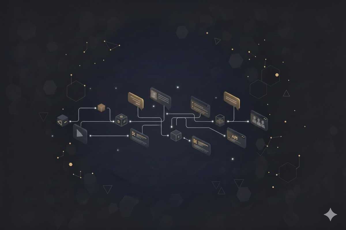 Kuvituskuva. Rajapintoja ja liitännäisiä kuvaavia yhteysviivoja ja symboleita.