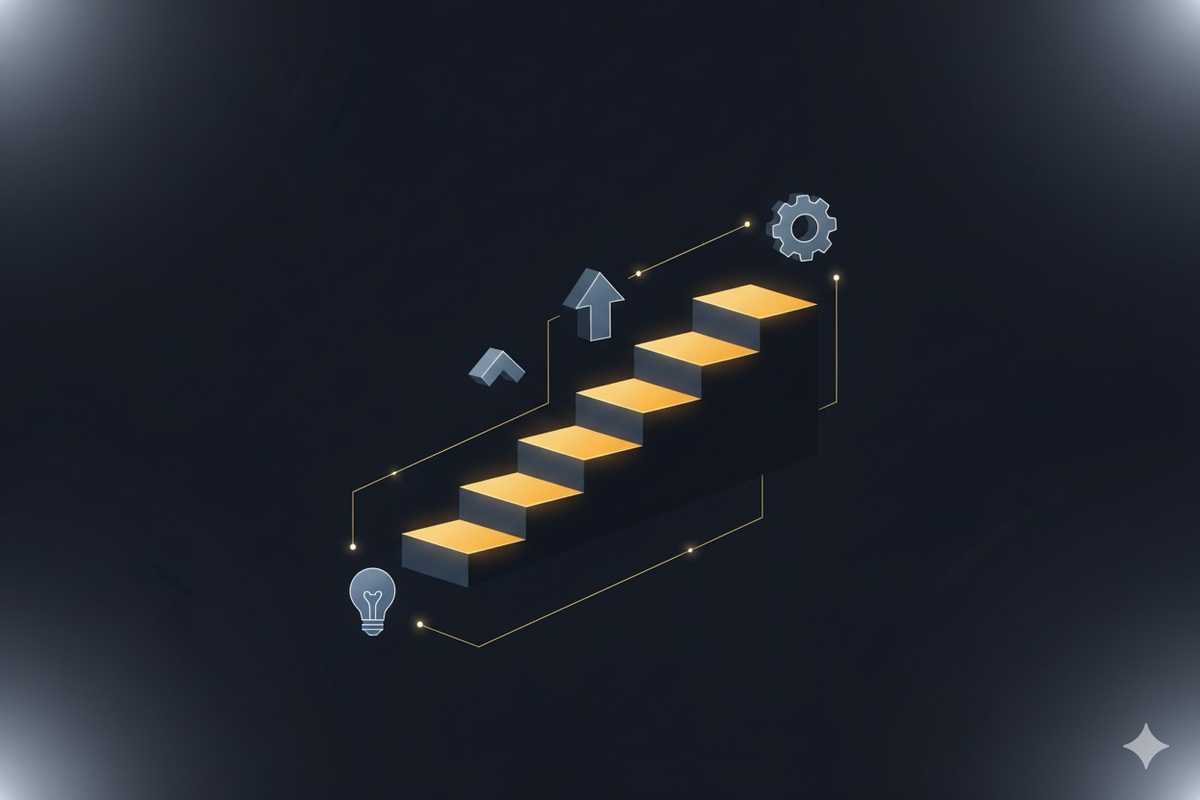 Kuvituskuva. Ylöspäin nousevat portaat ja symboleja.