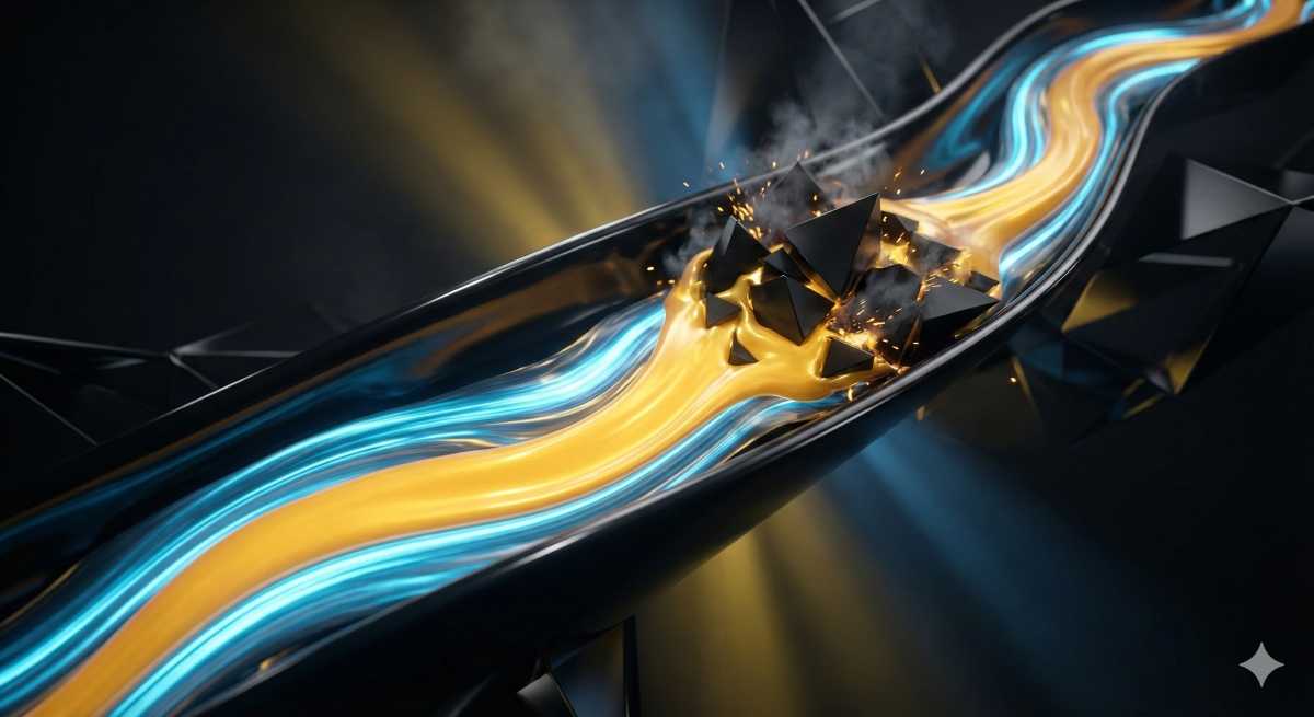 Kuvituskuva: 3D-renderöity kuva, joka esittää virtaavaa keltaista ja sinistä nestettä tai energiaa mutkittelevassa, tummassa putkessa